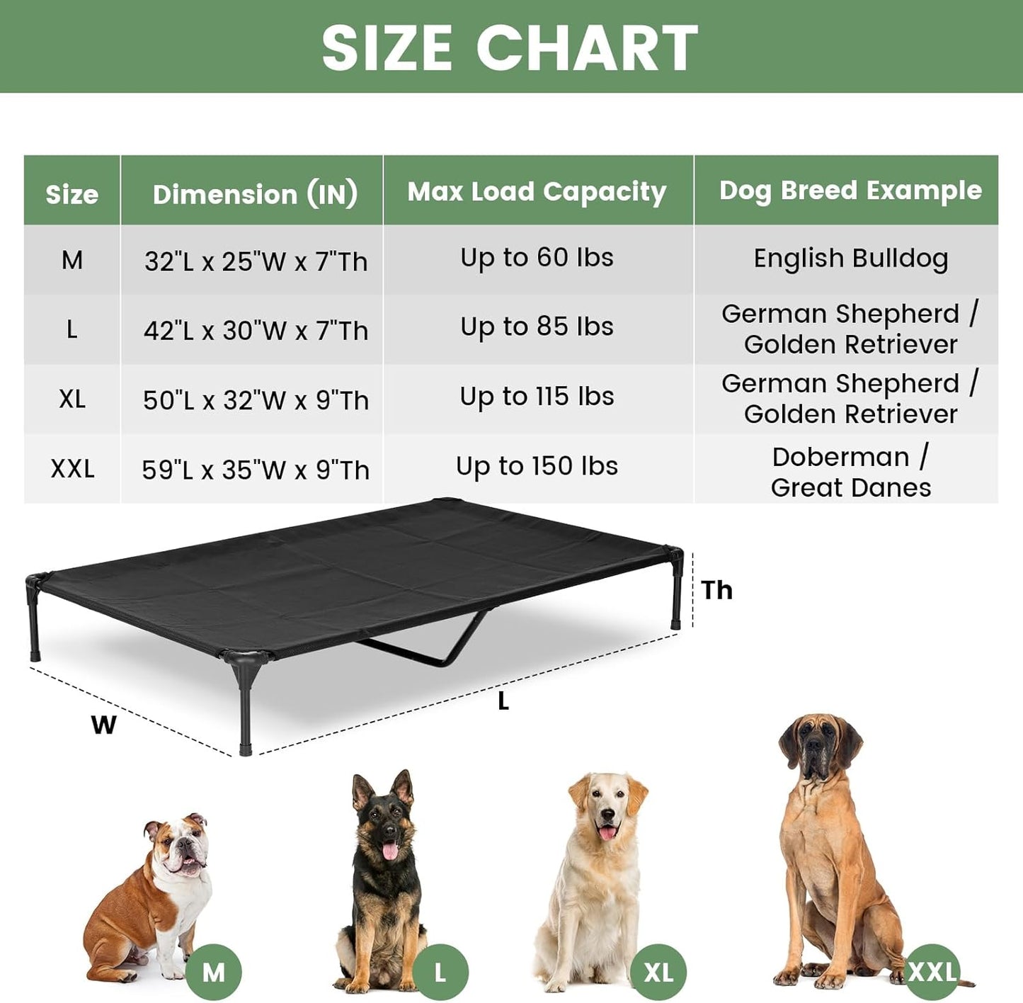 Elevated Dog Bed for Outdoor, Large Raised Dog Cot with Washable Mesh, Cooling Pet Cot Chew Proof for Outside Camping, 42"x30" Black