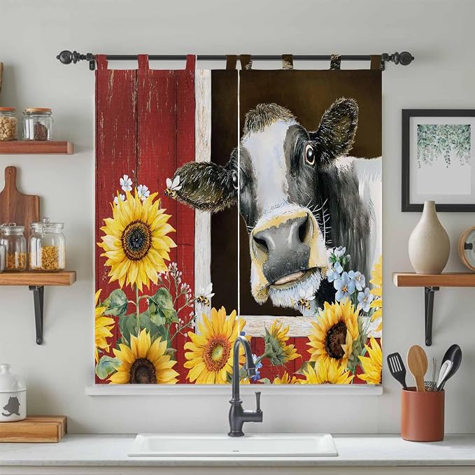 Cows Sunflowers Bedroom Curtains 72 Inch Length, Window Curtains Tab Top