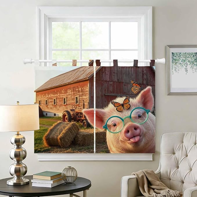 Farm Pig Kitchen Curtains 45 Inch Length, Short Cafe Window Curtains Tab Top