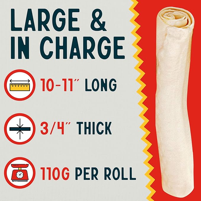 Canine Chews 10-11" Rawhide Bones for Large Dogs, Durable USA Beefhide Dog Rawhide Chews, Retriever Rolls 20 Pack (5 lbs)