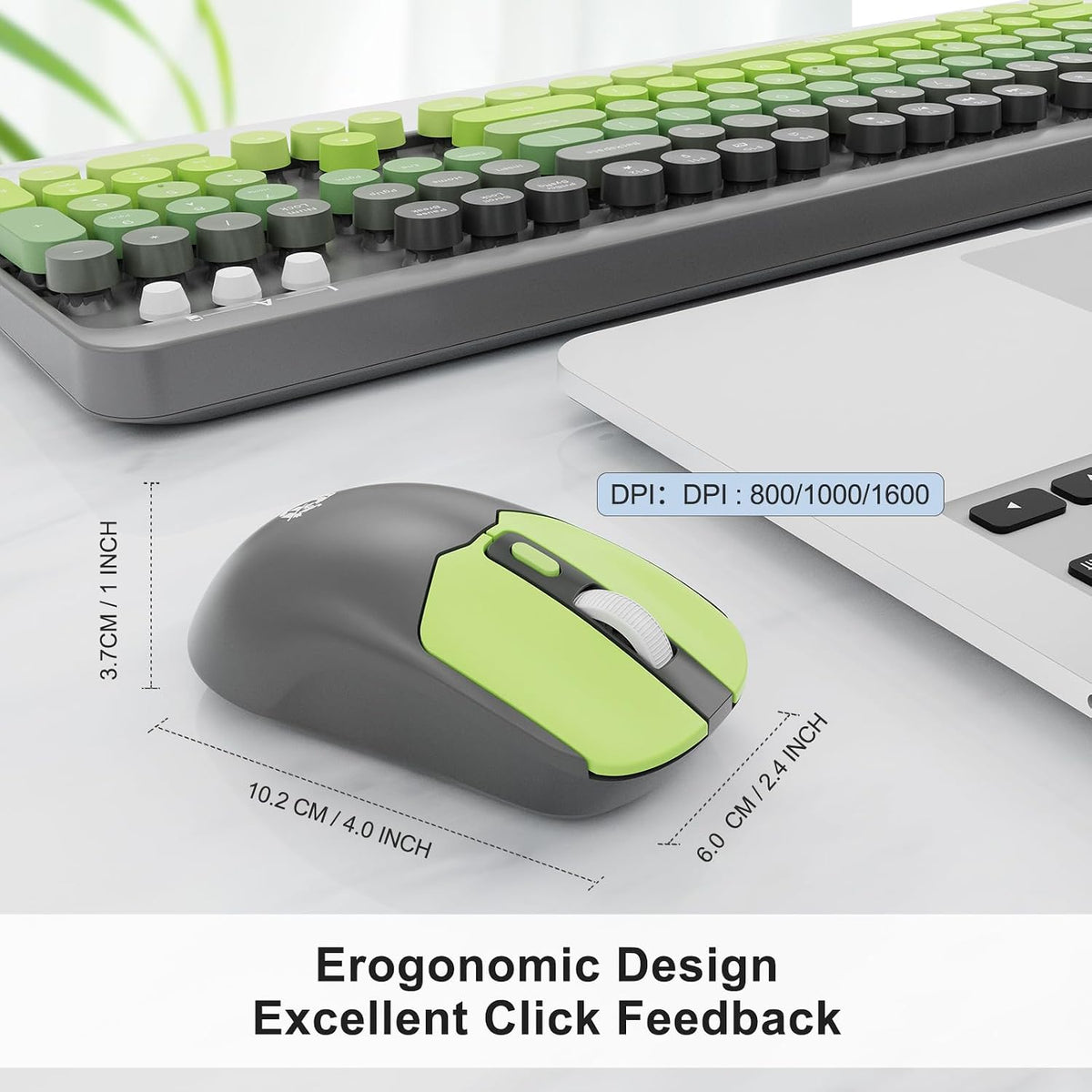 Wireless Keyboard and Mouse Combo, 2.4 GHz Wireless Full-Sized Typewriter Keyboard with Round Keycaps for Windows, Computer, Desktop, PC, Laptop (GreyGreen)