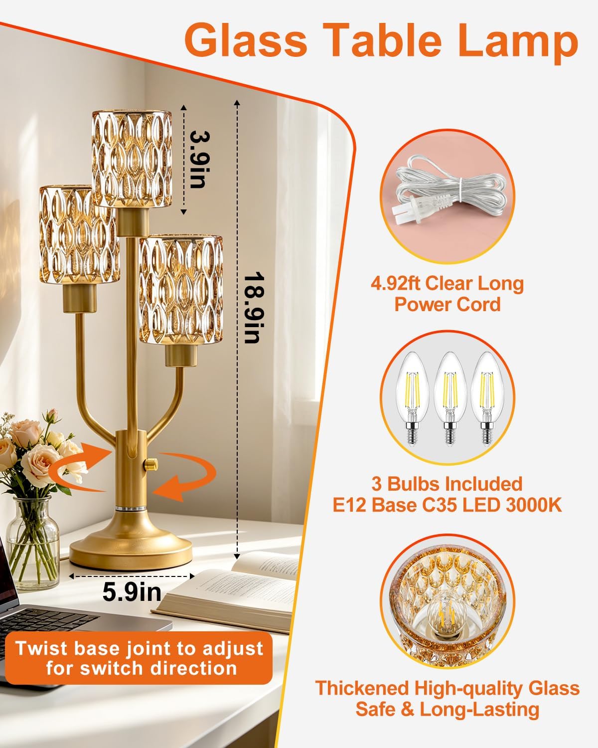 Lightdot Mid Century Modern Table Lamp Glod Glass Dimmable 3 Bulbs Included