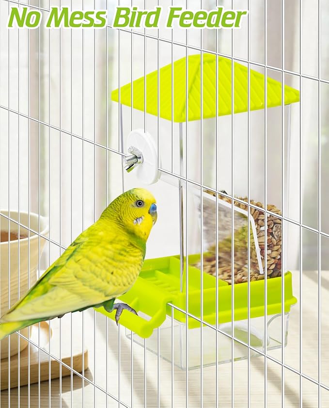 BNOSDM No Mess Automatic Bird Feeder Anti-Splash Bird Feeder Acrylic Transparent Food Container Parrot Cage Accessories for Parakeets Budgies Lovebirds Cockatoos Conures Finches (Green)