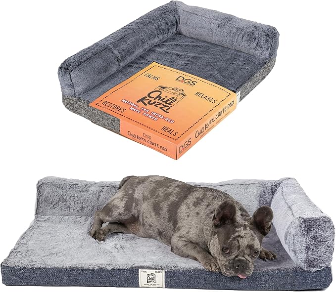 Dog Gone Smart Chill Kuzzi Dual Bolster Crate Pad - Washable Dog Bed Infused with Far Infrared Rays (FIR) -Supportive Plush Cushion for Crates, Travel, and Recovery - Slate Grey, Medium 18 x 29 Inches