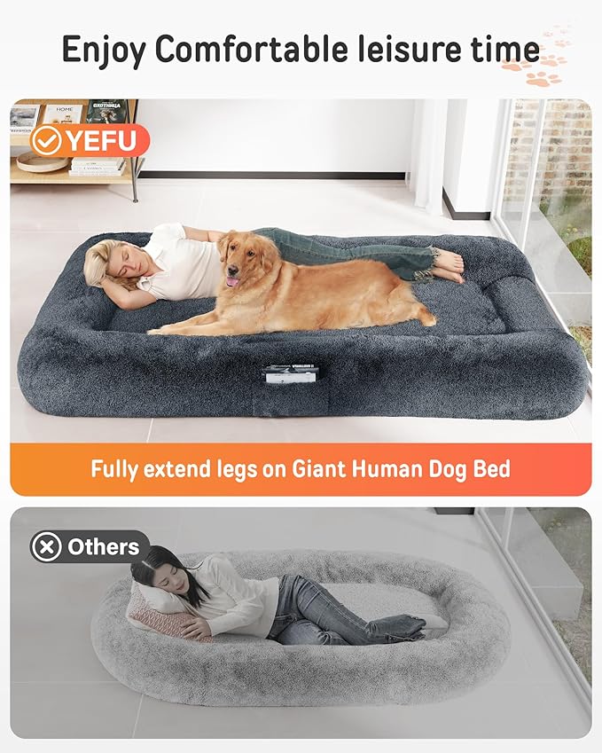 YEFU Human Dog Bed for Adult- Extra 79"x45"x12" Large Dog Beds - Human Size Dogs Bed Washable Faux Fur Cover - Orthopedic Foam Dogs Beds with for Sleep Nap in Bedroom Dark Grey