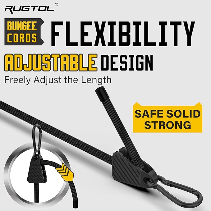 Upgraded Adjustable Bungee Cords with Hooks, 6 Pack Heavy Duty Outdoor Carabiner Bungee Cord, Black Super Elastic Bungee Straps Easily Adjust from 7" to 24", Great for Cargo, Camping, Bike Racks, Tent