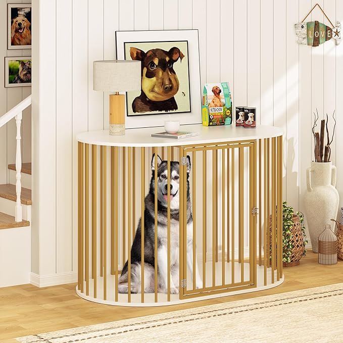 TVU 48 Inch Dog Crate Furniture, Heavy Duty Dog Kennel Indoor for Large Dogs, Oval Decorative Pet House End Table for Living Room, Bedroom, Hallway, 47.2" L x 27.6" W x 31.5" H, White, Gold