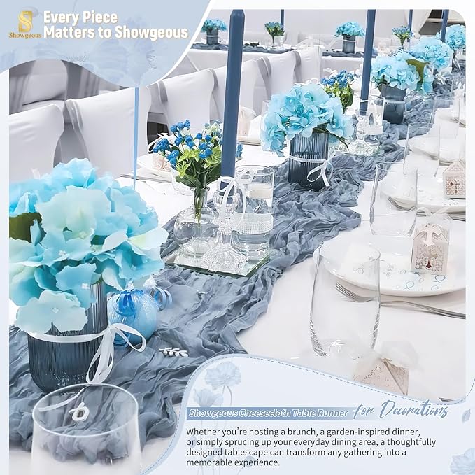 Showgeous 4 Pack Dusty Blue Cheesecloth Table Runner, 17 x 108 Inches | Boho