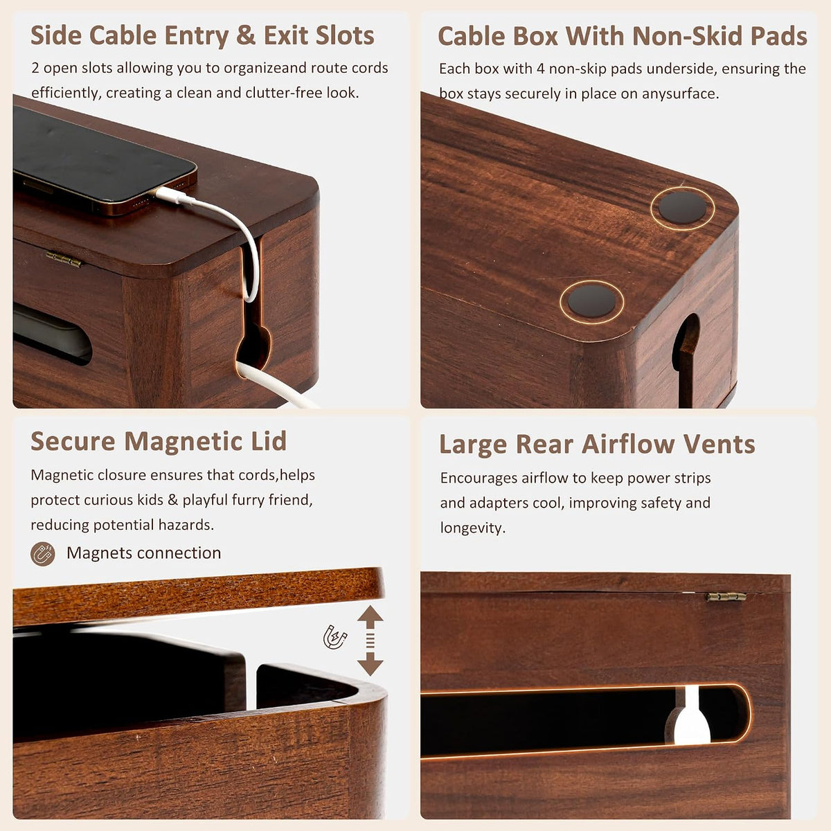 Large Acacia Wood Cable Management Box - Cord Hider&Organizer for TV Wires