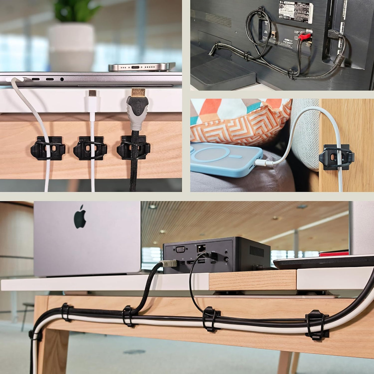 [Made in the UK] 30-Pack Adjustable Elastic Self-Adhesive Cable Tidy Clips, Cable Management Organiser for Office, Home, Under Desk, Behind TV, Charging Phone, Laptop, PC, HDMI, USB (BLACK)