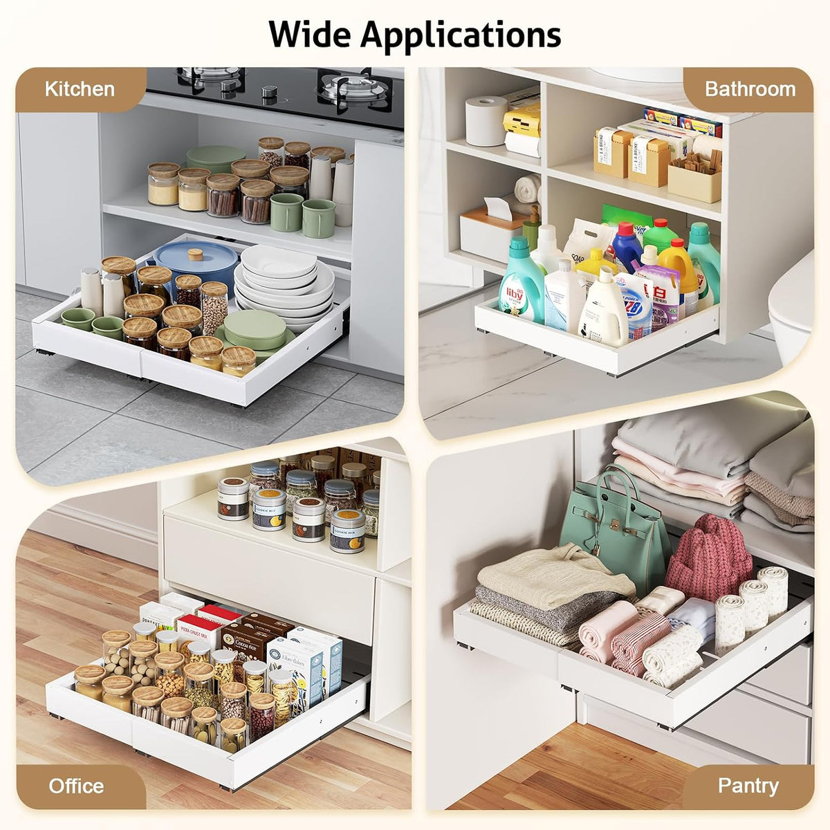 Pull Out Cabinet Organizer, Expandable Width (11.4"-18.9") Depth (16.3"-21.7") Pull out Drawers for Cabinets with 3 Rails, No Drill Adhesive Film or Nail Fixed Slide out Drawers for Kitchen, Pantry