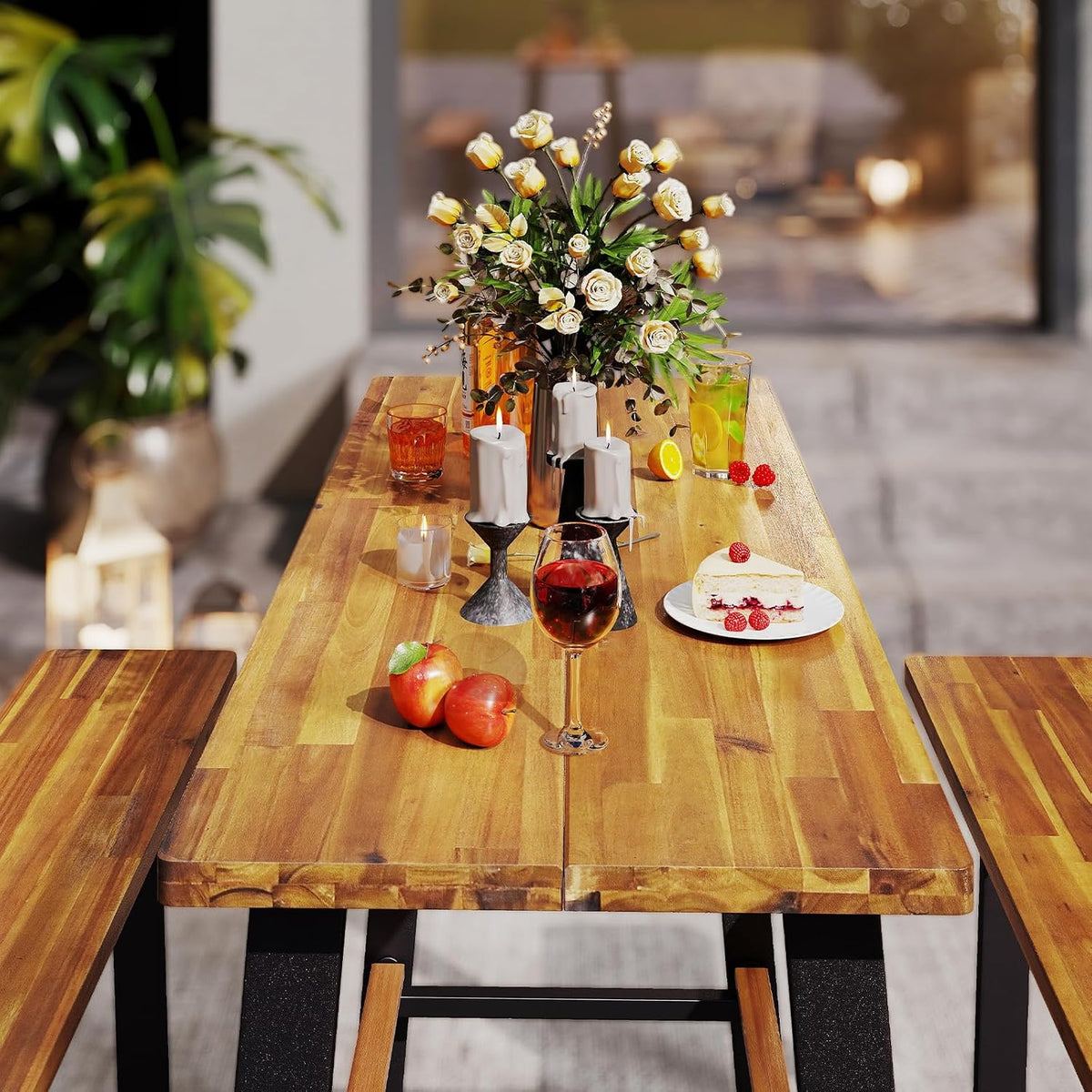 GIANTEX 4.5FT Picnic Table Bench Set for 4, Acacia Wood Outdoor Dining Table Set, Heavy Duty Metal Frame, Footrest Bar, Large Rectangular Tabletop for Porch Patio Lawn Garden