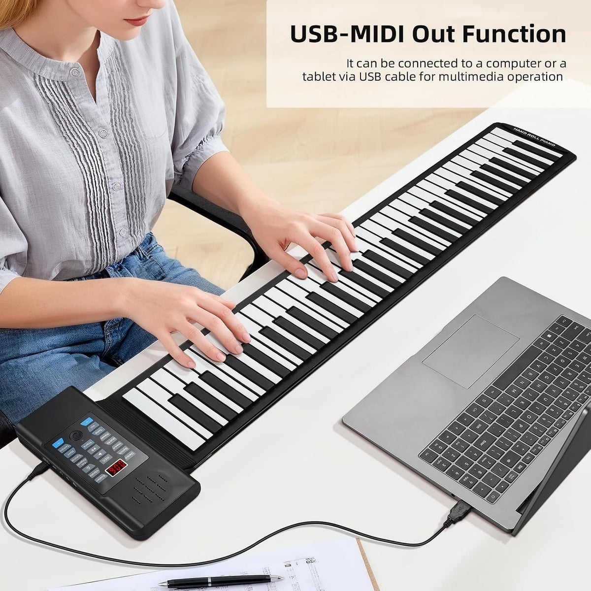 POGOLAB 61 Keys Roll Up Keyboard Piano, Portable Electric Foldable Piano with LED Display, Rechargeable & USB-MIDI Output, Built-in 15 Demos, 128 Tones, 128 Rhythms, Music Gift for Beginners