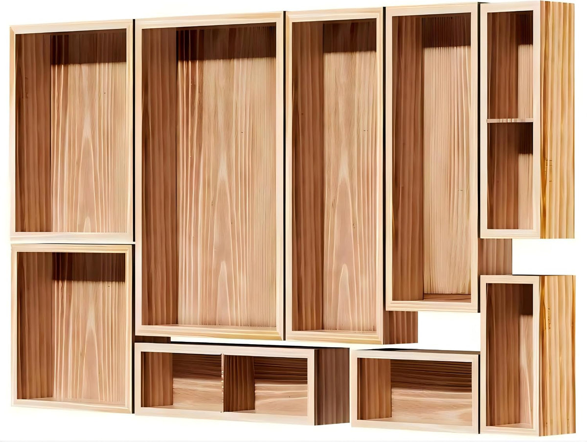 9-Pack Solid Wood Junk Drawer Organizer, Modular Desk Drawer Tray & Accessories with Non-Slip Pad, Multi-Use for Kitchen, Office, Bedroom Dresser, Utensil, Makeup, Stationery, Tea Bags & Coffee Pod