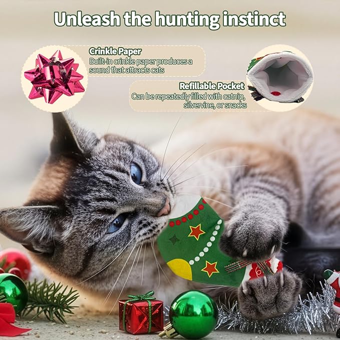 Cat Toys Stockings 2 Pack – Includes 5g Silvervine Powder & 5g Catnip Powder, Cat Gift for Cats & Kittens, Interactive Cat Stocking Toys for Play, Chew & Relaxation