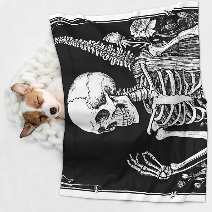 Waterproof Dog Blanket Soft Pet Blanket for Puppy Cat, Fleece Cat Throw Blankets for Furniture Bed Couch Sofa Reversible - Gothic Skull Floral Art