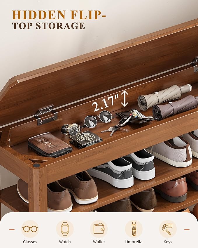 Shoe Rack Bench Seat Rubberwood 3-Tier Wooden Storage Bench 550lbs Compact