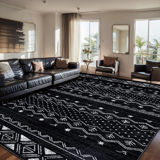 SERISSA 8x10 Area Rugs for Living Room, Washable Non-Slip Black and White Boho