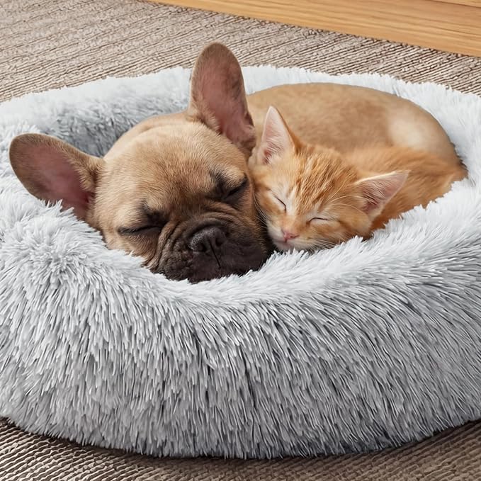 Calming Dog Bed, 20" x 20" x 6" Fits Cat & Dog, Anti-Slip Round Washable Faux Fur for Doze Off, Napping Orthopedic, Grey