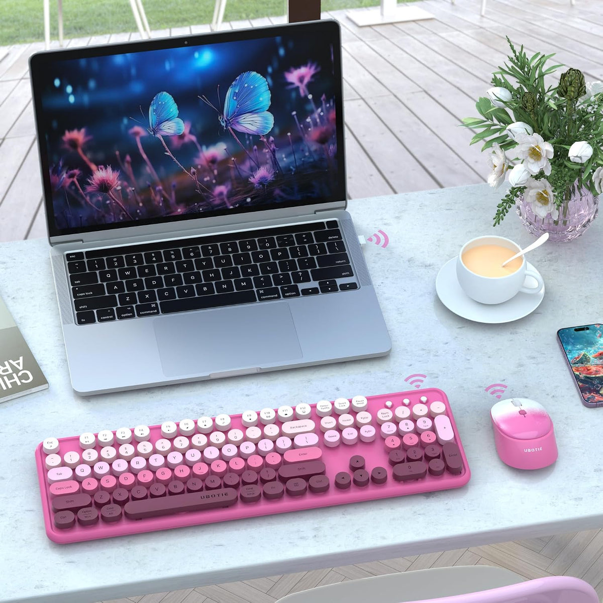 UBOTIE Colorful Computer Wireless Keyboard Mouse Combo (Rosy Gradient)