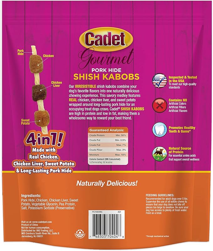Cadet Gourmet Shish Kabob Dog Chews for Small Dogs, Rawhide Treats with Chicken, Duck and Sweet Potato, Healthy & Natural Pork Hide, 5-Inch Sticks, 24 oz.