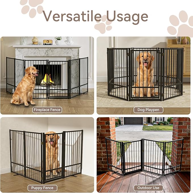 Full Metal Freestanding Dog Gate with Door, 36''Height Foldable Pet Dog Fence for Indoor & Outdoor, 8 Panels Extra Wide Free Standing TallDog Gates for Doorways,House,Stairs,Porch,Deck,Yard