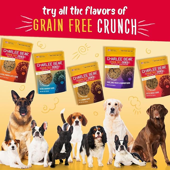 Charlee Bear Crunchy Dog Training Treats, Low Calorie (3 Kcal), Grain Free Natural Mini Dog Treats for Puppies, Small, Medium & Large Dogs, USA Made, Healthy Bacon-Blueberry Flavor 8oz (2-Pack)