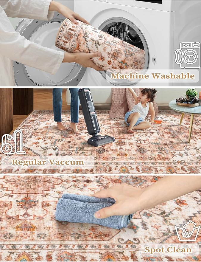 SERISSA Boho Washable Runner Rug, 2x6 Rug Non-Slip Vintage Peach Cream Hallway