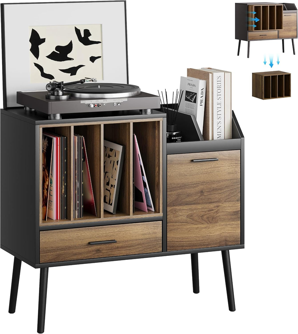 Semiocthome Record Player Stand with Nesting Vinyl Storage Crate, Record Player Table with a Drawer, a Cabinet, CDs Storage Area, Side End Table with Solid Wood Legs for Turntables for Living Room