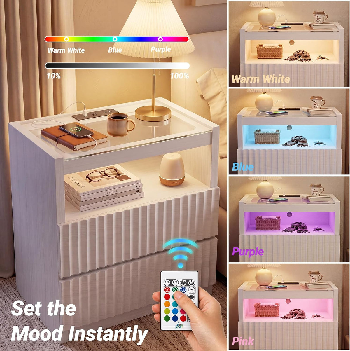 Modern Nightstand with Charging Station,Fluted 2 Drawers,White Oak Finish