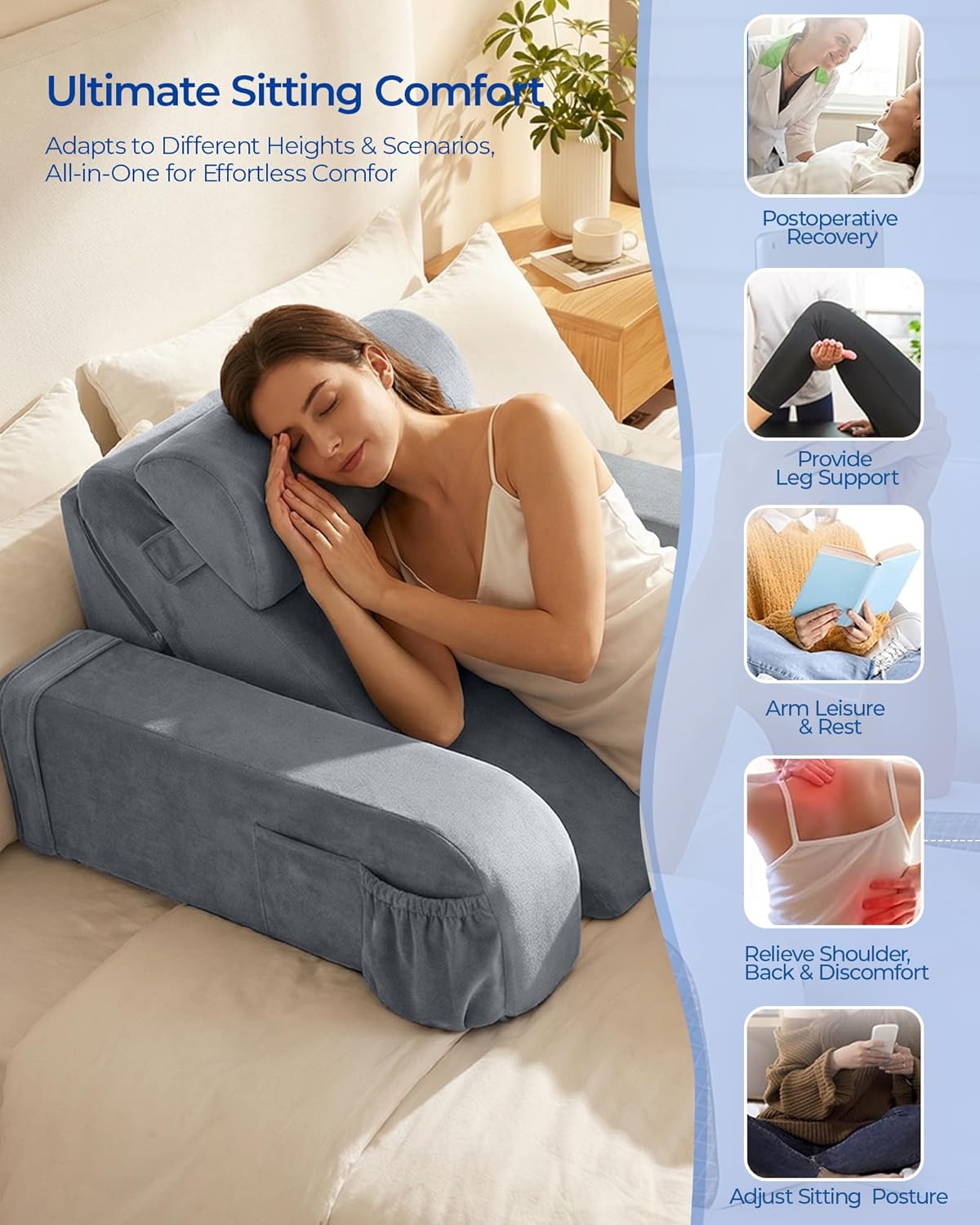Kayfia Reading Pillow, 30-90° Stepless Adjust Angle & Height, Medium, Grey