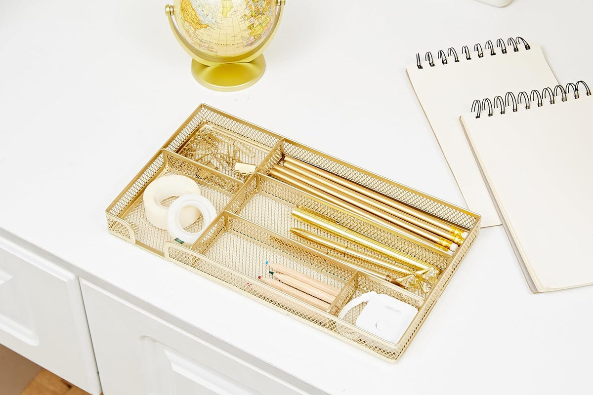 Annova Desk Drawer Organizer Tray for Office Organization - Metal Mesh - Storage Tray with Dividers for Pens, Desktop Accessories, Bathroom, Kitchen, Makeup and Office Supplies (Small, Gold)