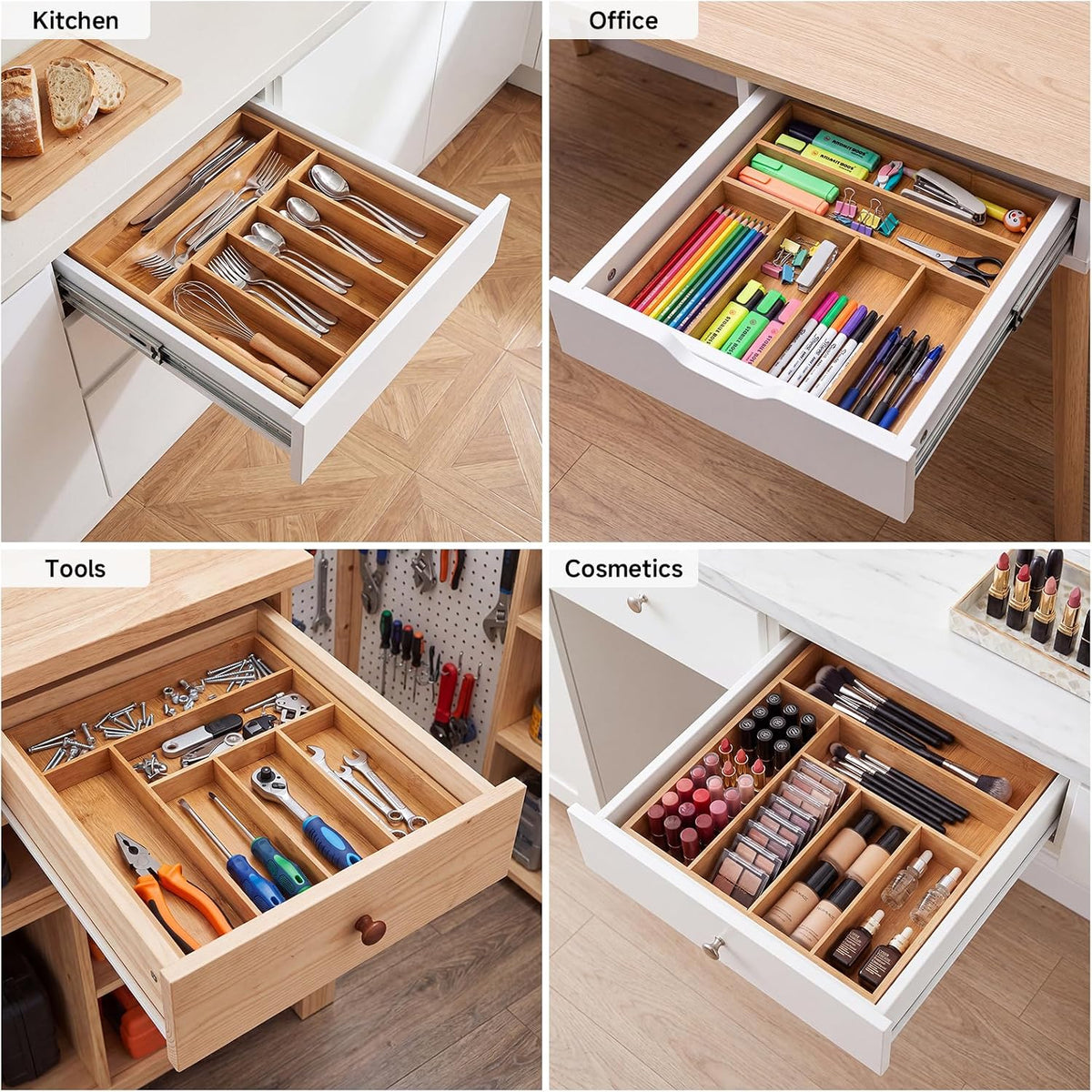 2-Piece Set Bamboo Silverware Drawer Organizer