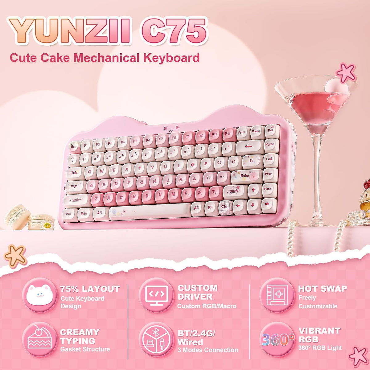 YUNZII C75 Cute 75% Wireless Mechanical Keyboard (Pink, Candy Switch)
