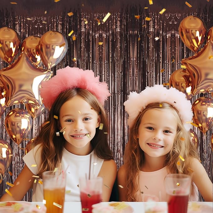 3 Pack Foil Fringe Backdrop - Brown Shiny Tinsel Curtains for Party Decoration/Photo Booth Props - 3.3x8.2 FT Metallic Foil Backdrop for Birthday, Wedding, Graduation, Christmas.