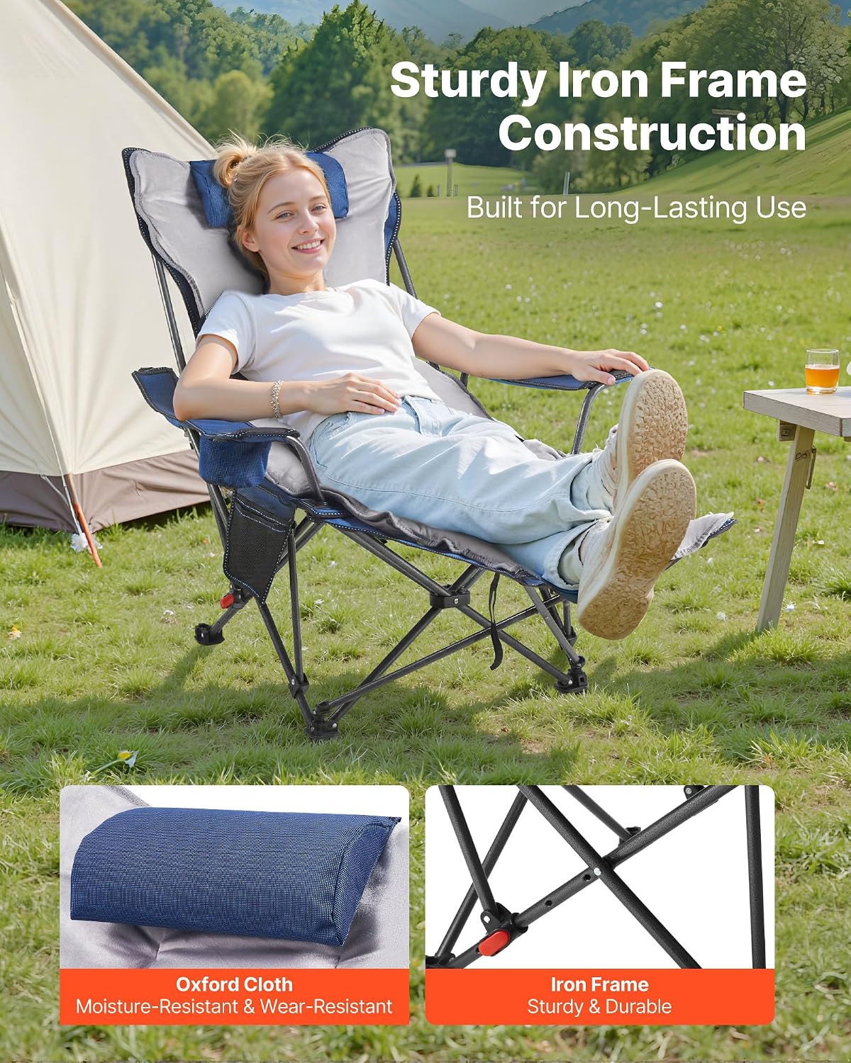 VEVOR Reclining Camping Chair, 4 Adjustable Positions, Portable Folding Lounger for Adults, Mesh Beach Chair with Footrest & Plush Cushion, Supports 220 lbs, Heavy Duty Camp Chairs for Patio, Blue