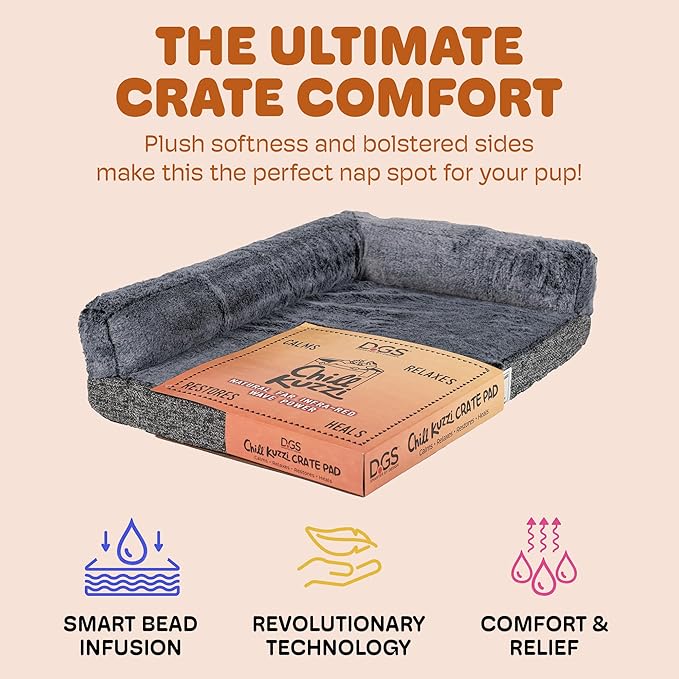 Dog Gone Smart Chill Kuzzi Dual Bolster Crate Pad - Washable Dog Bed Infused with Far Infrared Rays (FIR) - Supportive Plush Cushion for Crates, Travel, and Recovery - Slate Grey, Small 17 x 23 Inches