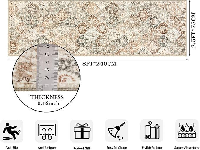 Lahome Moroccan Hallway Rug, Ultra-Thin Oriental Carpet