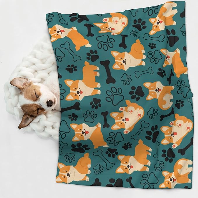 Corgi Throw Blanket - Paw Print Blanket for Dog Cat Blue Pet Blankets 23x16 for Couch Sofa Bed