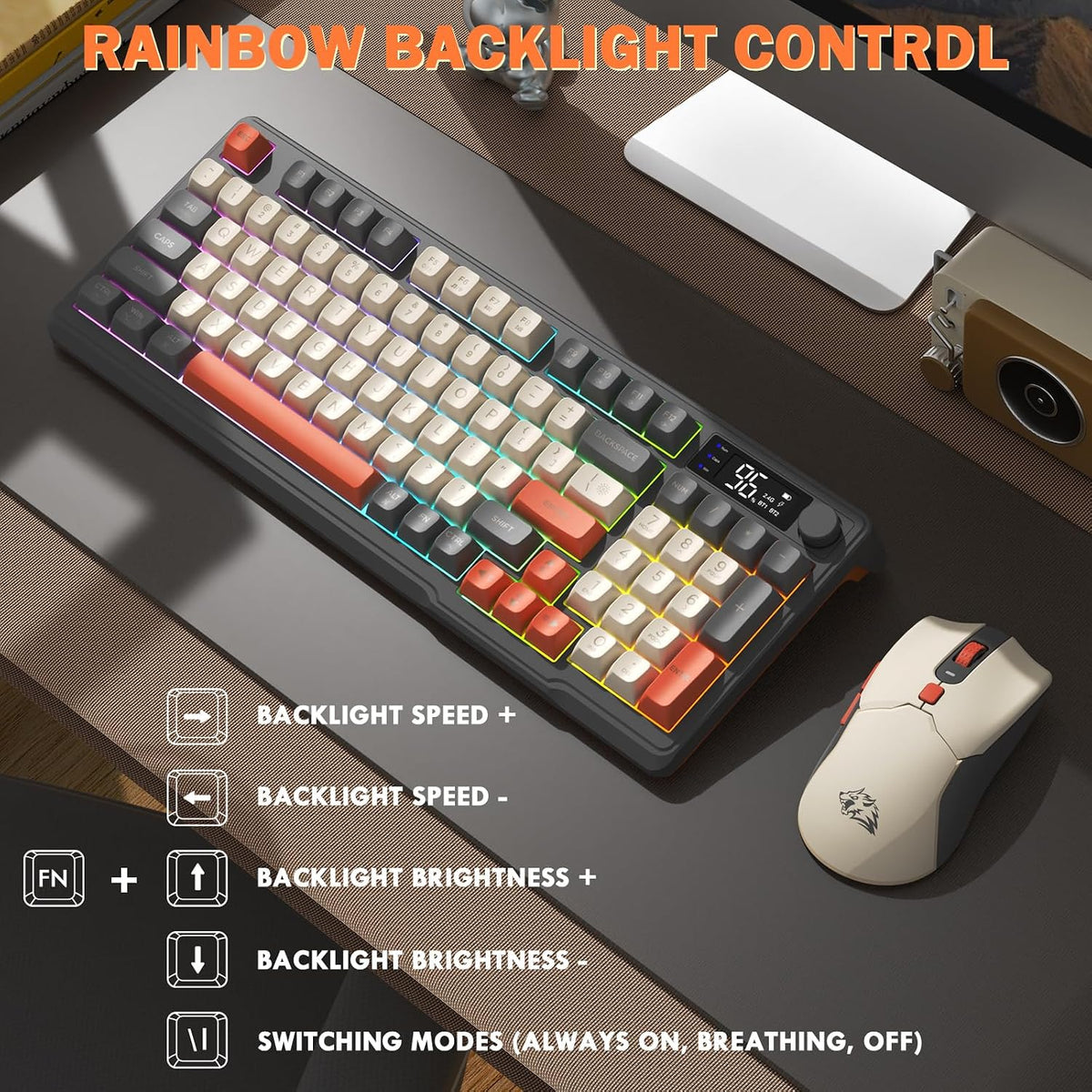 FREEWOLF T96 Smart Display Wireless Gaming Keyboard and Mouse Comb, 94Key LED Lighting Rechargeable Silent Membrane Keyboard with Knobs, 2000mAh Battery, 6-Button 4KDPI Mouse for Win/Mac(Glimmer)