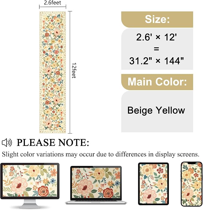 DUKINO 2.6x12 Kitchen Runner Rug, Lightweight Floral Washable Rug