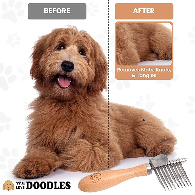 We Love Doodles Dog Dematting Brush & Rake, Detangler Brush for Dogs, Comb Tool for Grooming, Best for Doodles, Poodles, Goldendoodles, Cats & Other Pets, Matted Fur Removal On Undercoat, Small