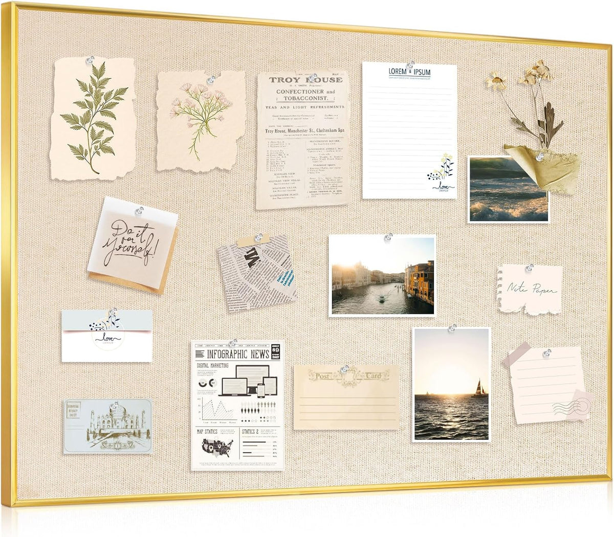 DOLLAR BOSS Linen Bulletin Board, 36'' x 24'', Golden Frame, Beige Brown