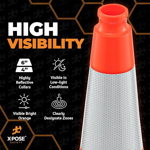 Xpose Safety 28 Inch Orange Slim Line Traffic Cones Heavy Duty 10lb with 6" & 4" Collars, 12 Pack Multipurpose PVC Plastic Safety Cone for Parking, Soccer, Caution, Kids & Construction - DOT Approved