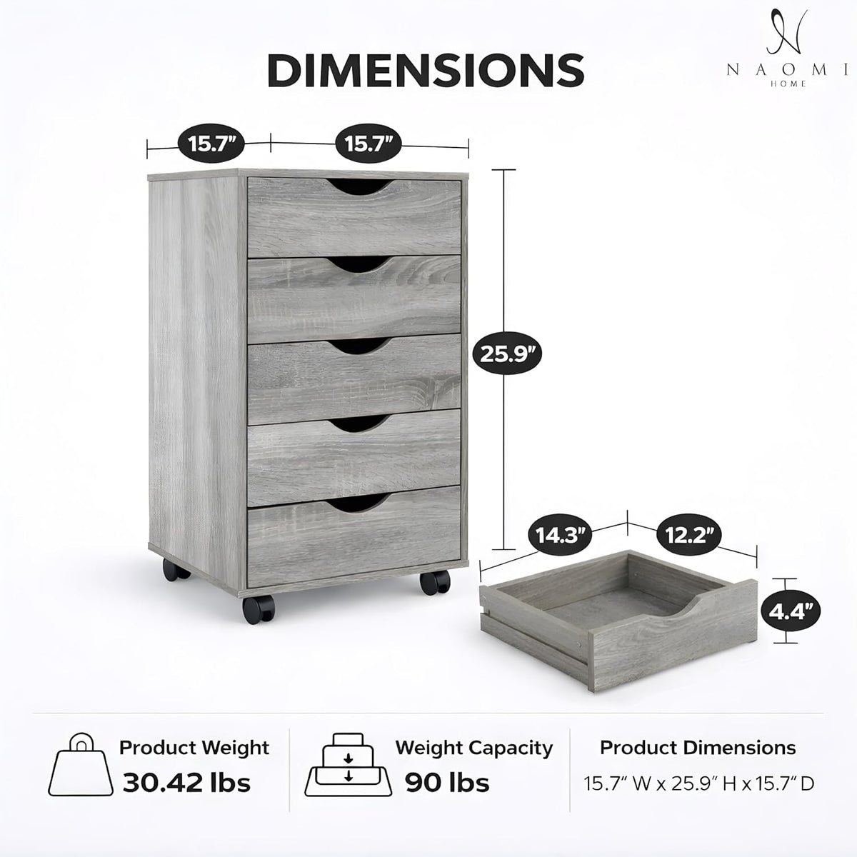 Naomi Home Under Desk Office File Cabinet with 5 Drawers, Rolling Storage Organizer with Lockable Wheels, Handle-Free Design & Spacious Top Surface, Compatible Cabinet for Home Office - Gray Oak