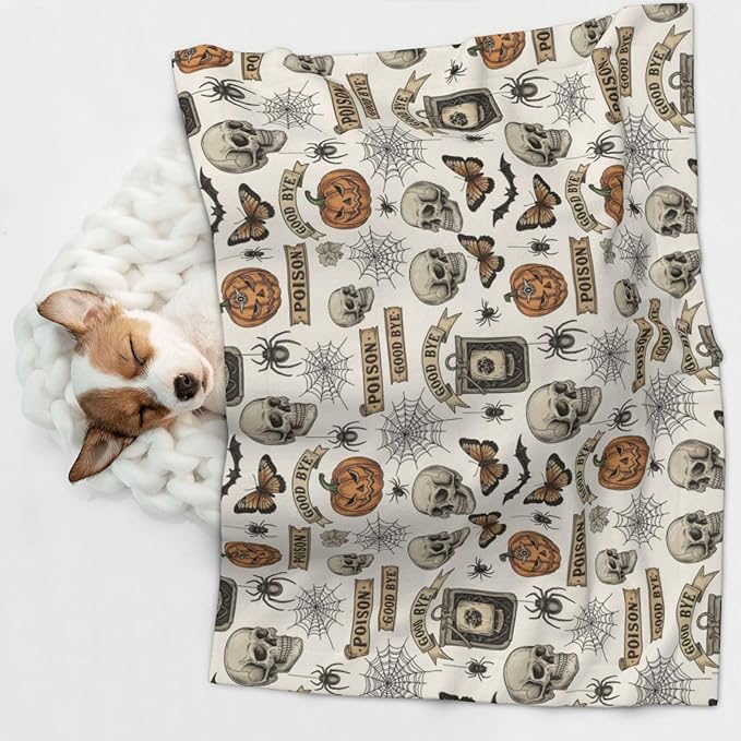 Double Sided Plush Pet Blanket for Small Large Animals, Vintage Skull Skeleton Spider Web Witch Board Gothic, Reversible Throw with Dimpled Dot Side and Flat Side for Kennels Living Rooms