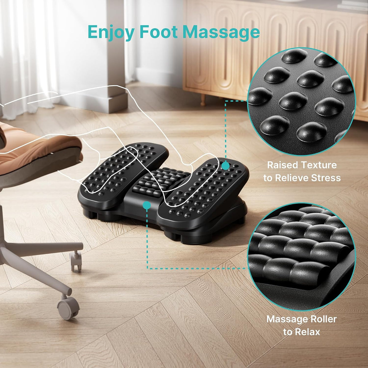 PEGZONE Under Desk Foot Rest with Massage Texture and Roller, 2 Heights