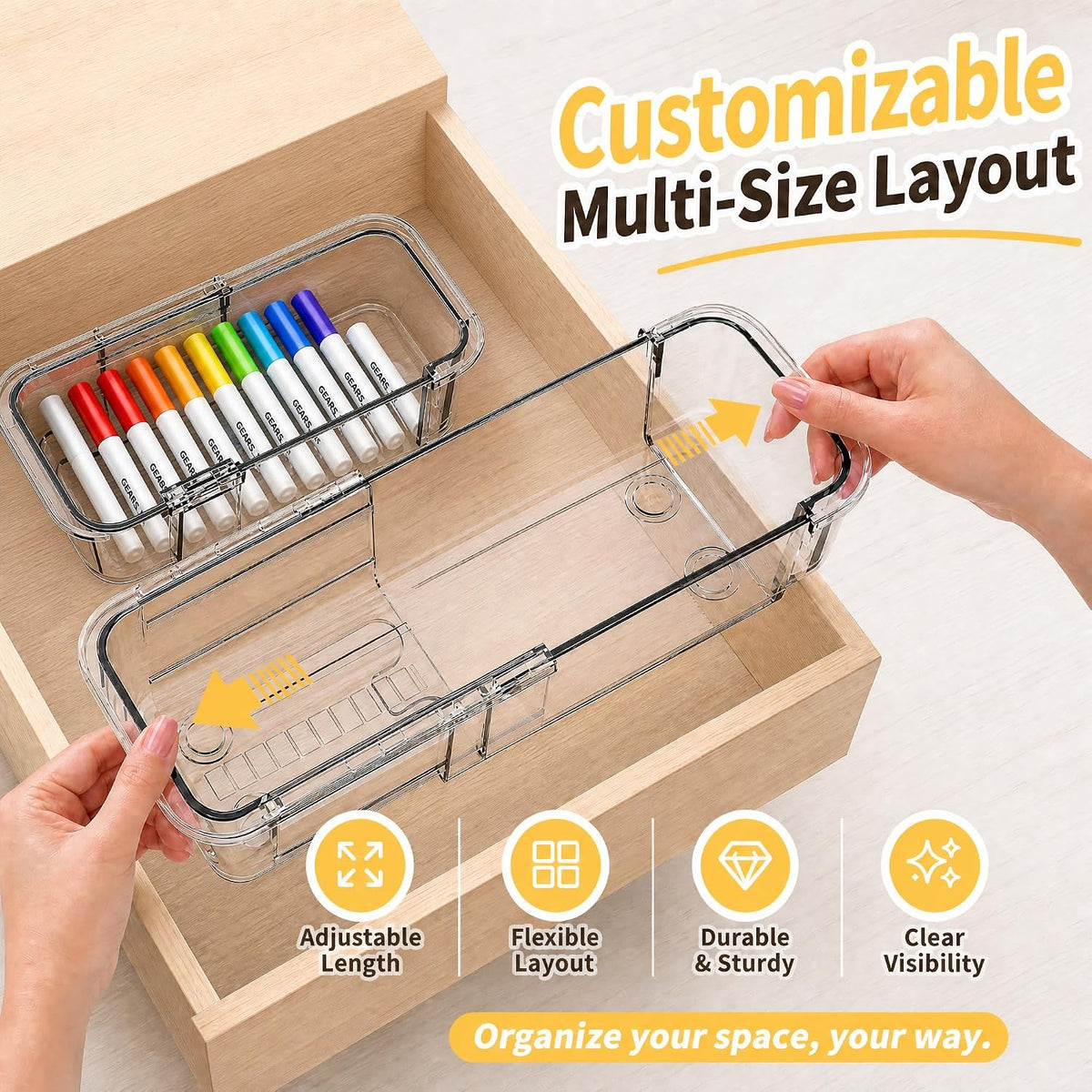 20 PCS Expandable Clear Drawer Organizers, 3-Size Extendable Drawer Dividers, Expanding Plastic Storage Box Arcrylic Storage Bins for Makeup Vanity Drawer Dresser Kitchen Utensils DIY Office Desk