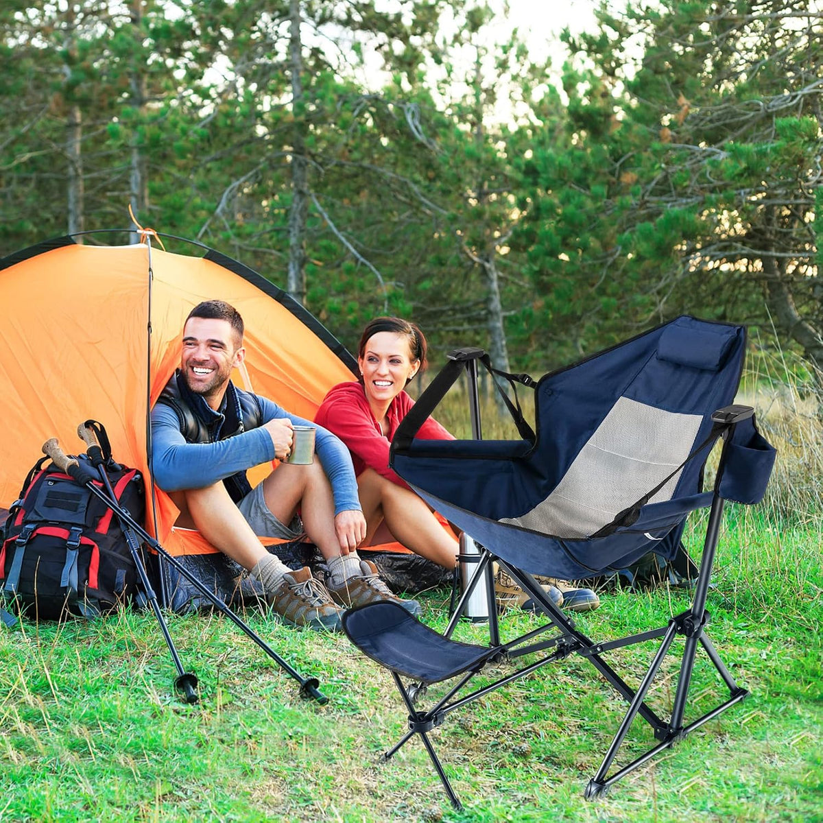 KOTEK Hammock Chair, Portable Camping Chair with Retractable Footrest, Adjustable Backrest, Headrest, Cup Holder & Carry Bag, Folding Rocking Chair for Outdoor Lawn Patio Travel Picnic Fishing (Navy)