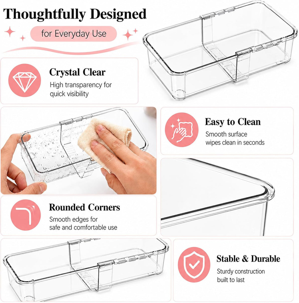 Adjustable Clear Drawer Storage Organizer, 16 Pack 3 Sizes Expandable Plastic Storage Boxes for Kitchen, Bathroom, Vanity, Office, Makeup, Desk and Closet Organization